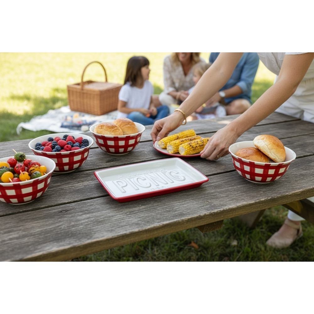 Magenta Ceramic Summer Picnic BBQ Tray Small White Red Very Good Embossed 8x5